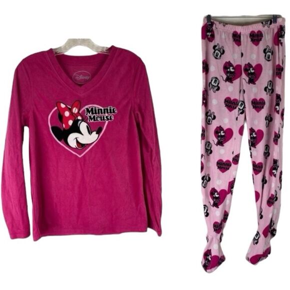 Minnie Mouse Disney Pajamas Women’s Pink Black 2 Piece Fleece Footed Pants Shirt - Picture 1 of 13